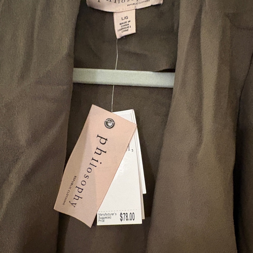 Philosophy olive faux leather Open Front duster Cardigan with drawstring size L - Picture 3 of 6